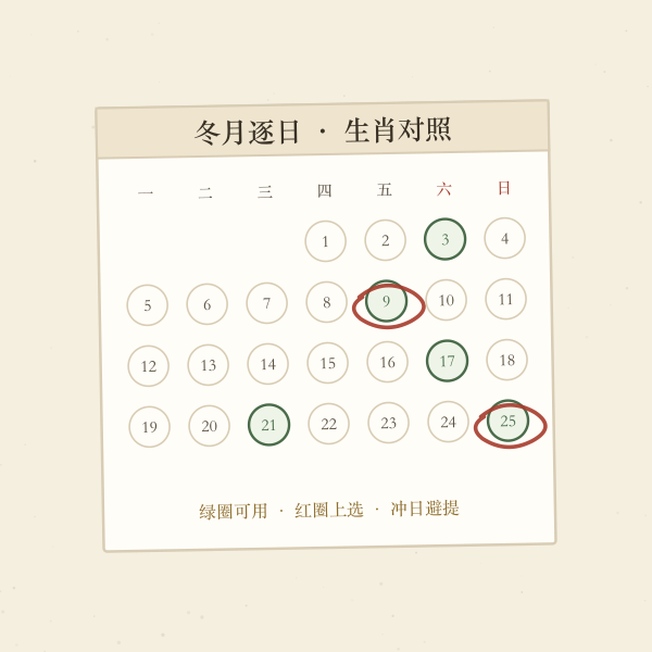 生肖月历上圈出可用吉日插画