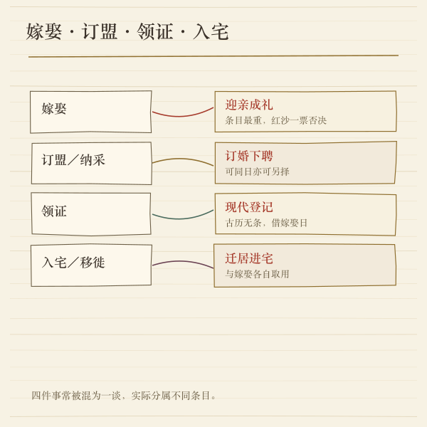 嫁娶·订盟·领证·入宅四事关系