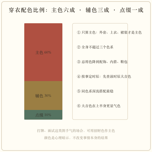 穿衣配色比例示意：主色六成、辅色三成、点缀一成
