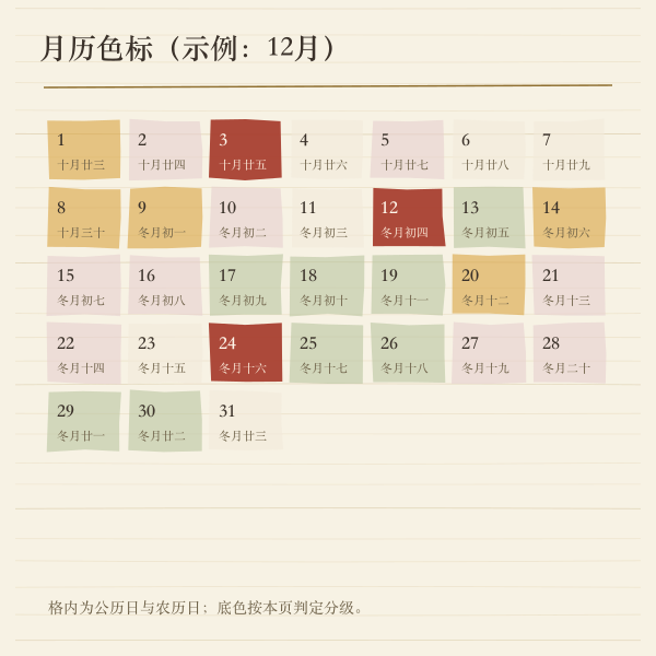 月历吉日色标示意