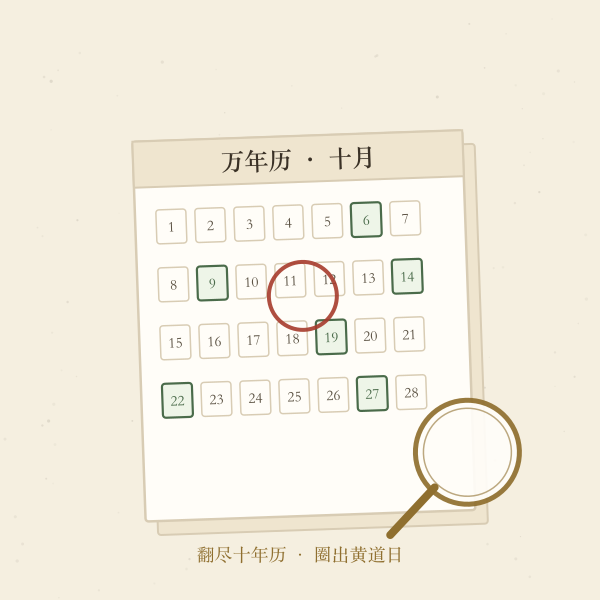 万年历月历上圈出黄道吉日插画